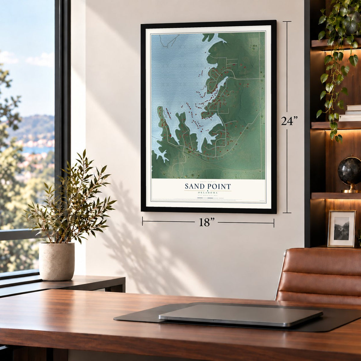 Sand Point, Oklahoma map, 18 x 24 inch print in a black frame in a home office