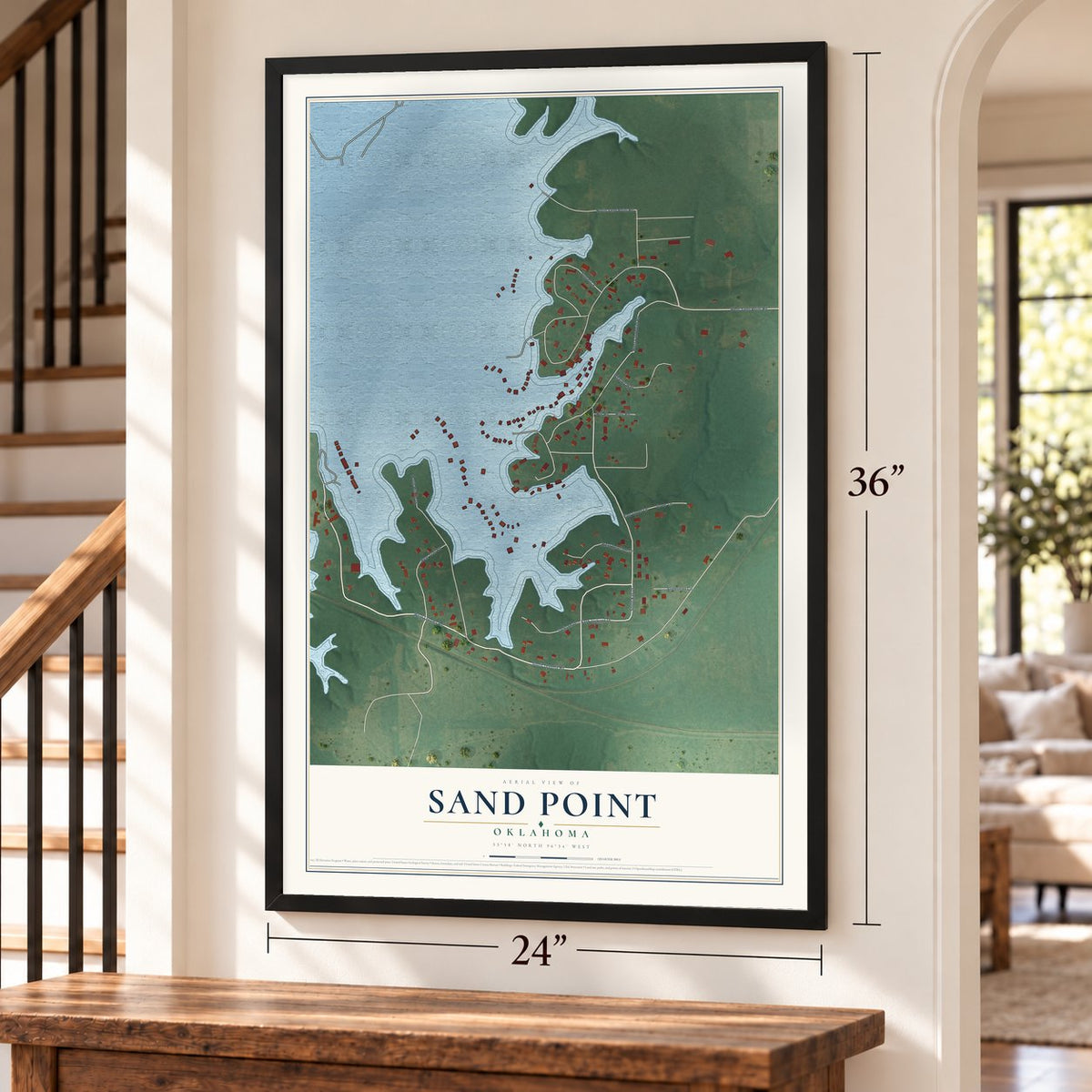 Sand Point, Oklahoma map, 24 x 36 inch print in a black frame by a staircase