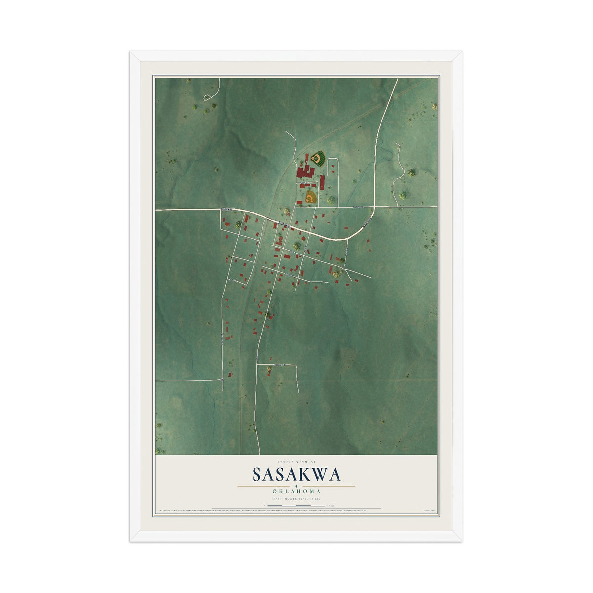 Map of Sasakwa, Oklahoma, 12 x 18 inch print in a white wood frame