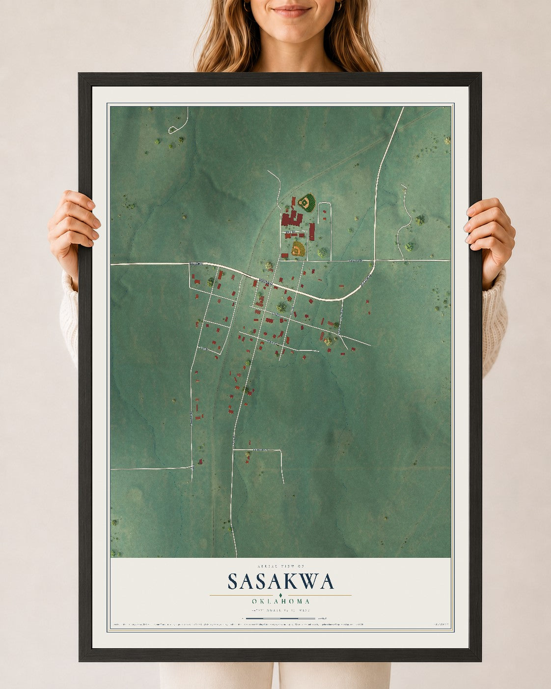 Map of Sasakwa, Oklahoma, 24 x 36 inch print in a black wood frame