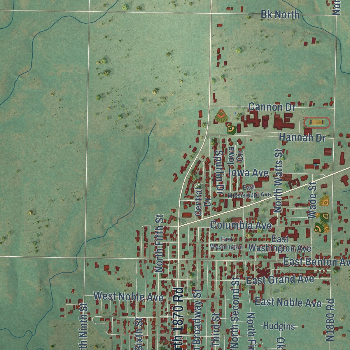 Close-up of the map of Sayre, Oklahoma print showing street and building detail