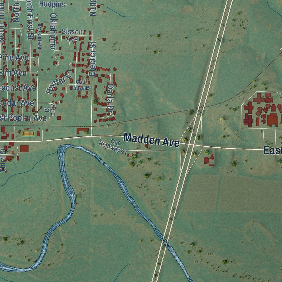 Second close-up of the map of Sayre, Oklahoma print showing more streets and buildings