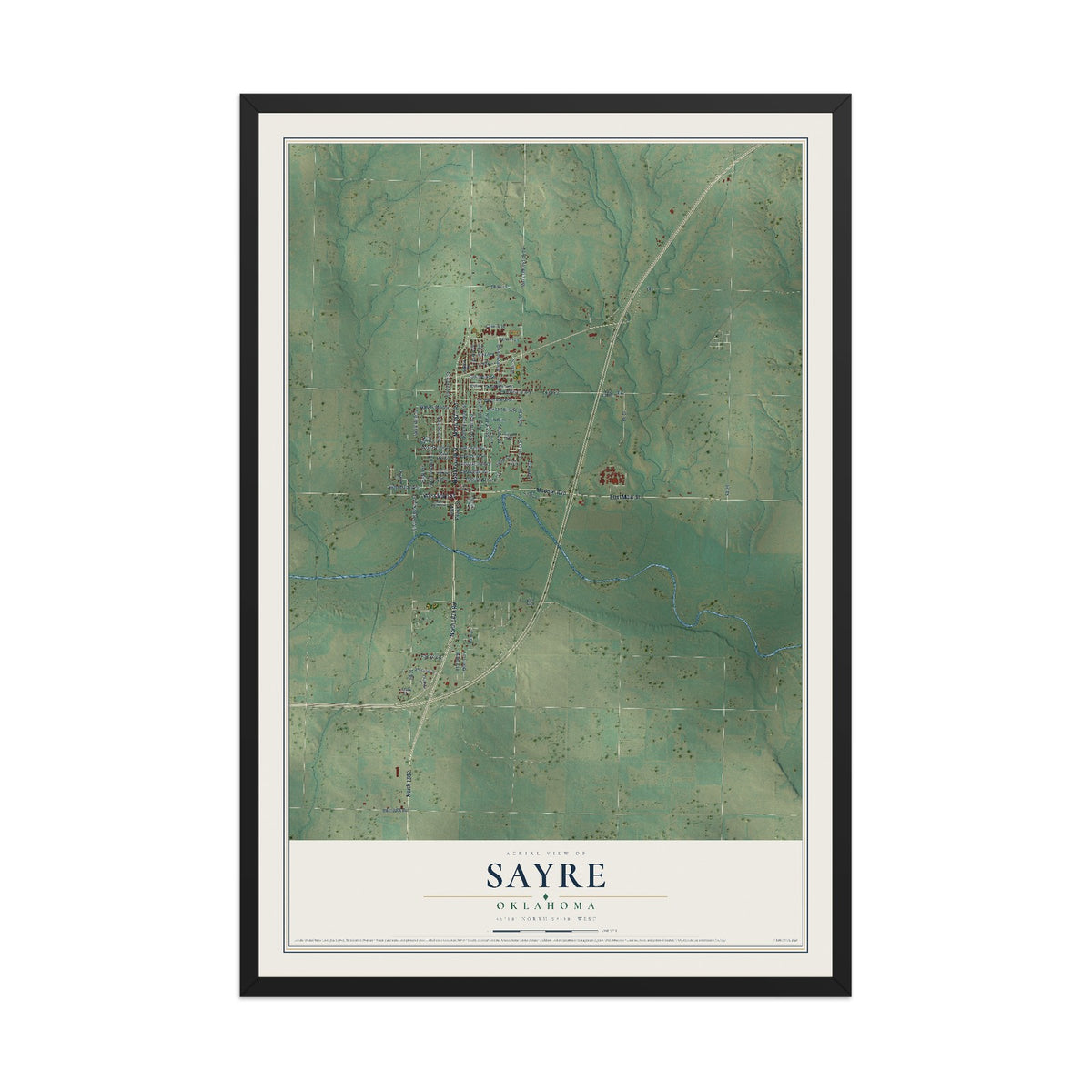 Map of Sayre, Oklahoma, 12 x 18 inch print in a black wood frame