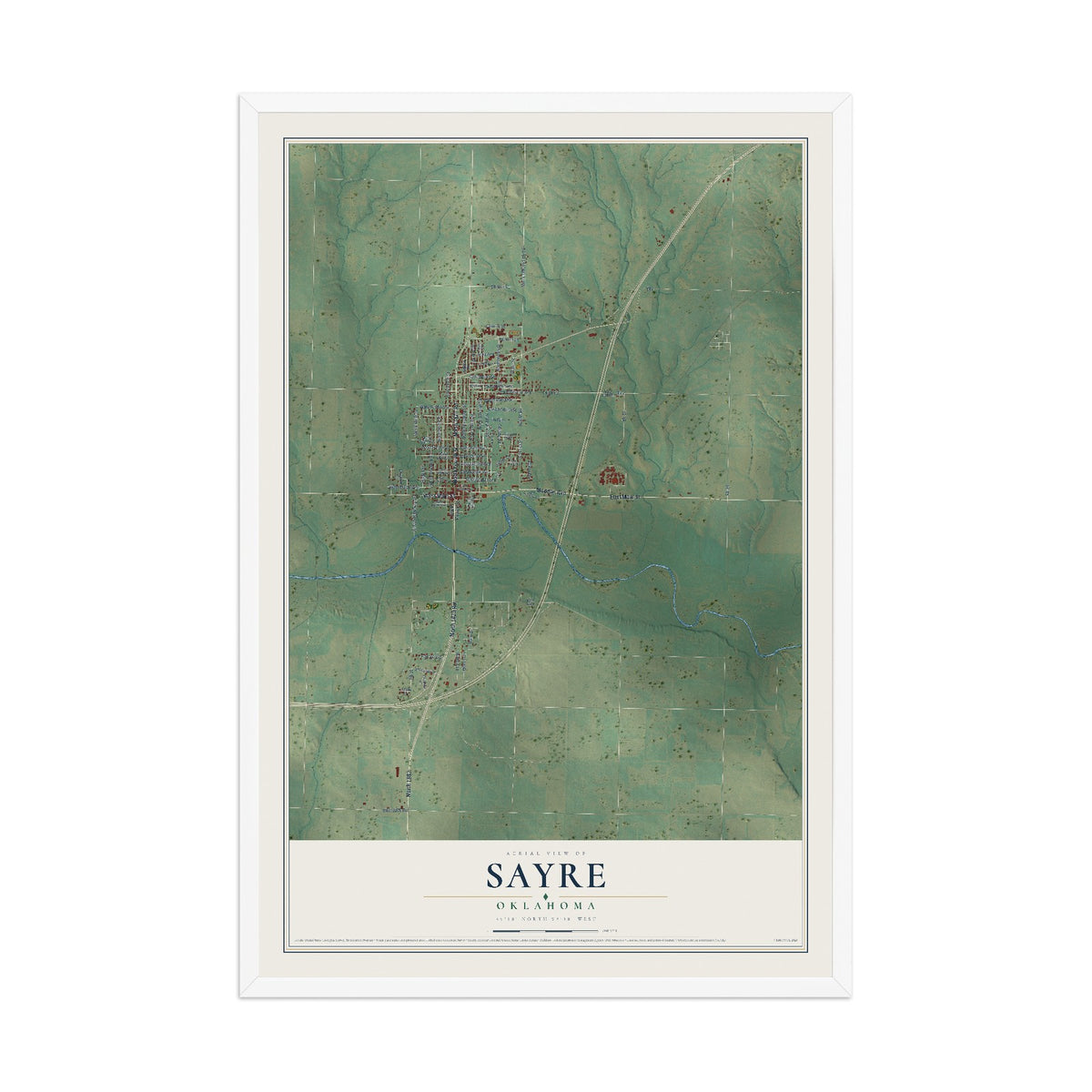 Map of Sayre, Oklahoma, 12 x 18 inch print in a white wood frame