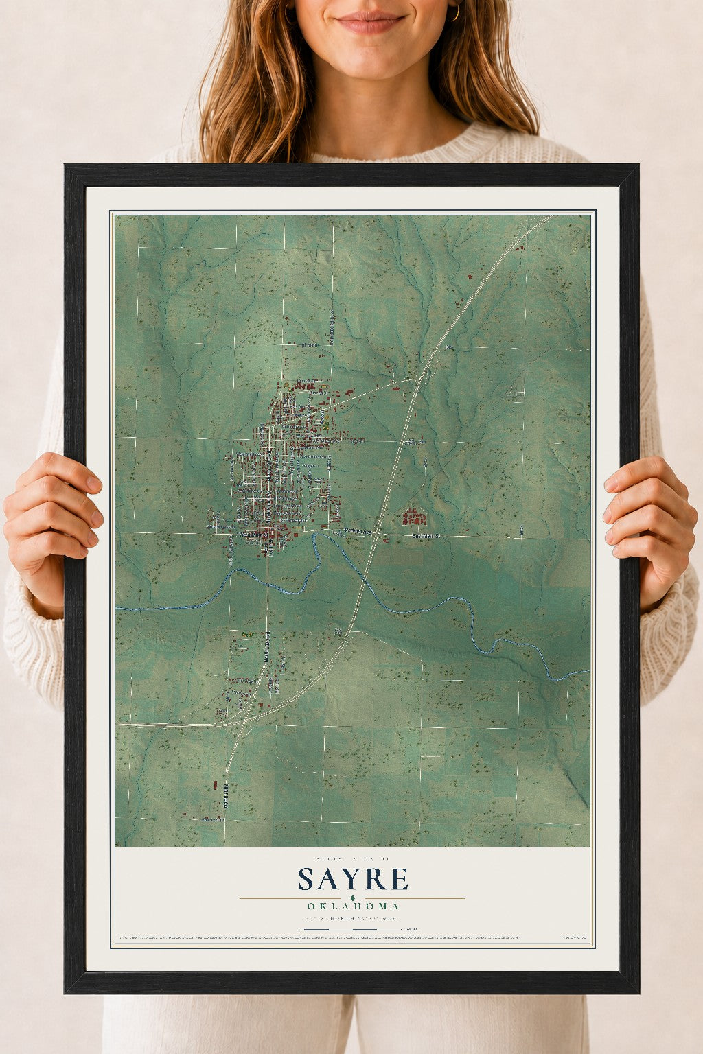 Map of Sayre, Oklahoma, 18 x 24 inch print in a black wood frame