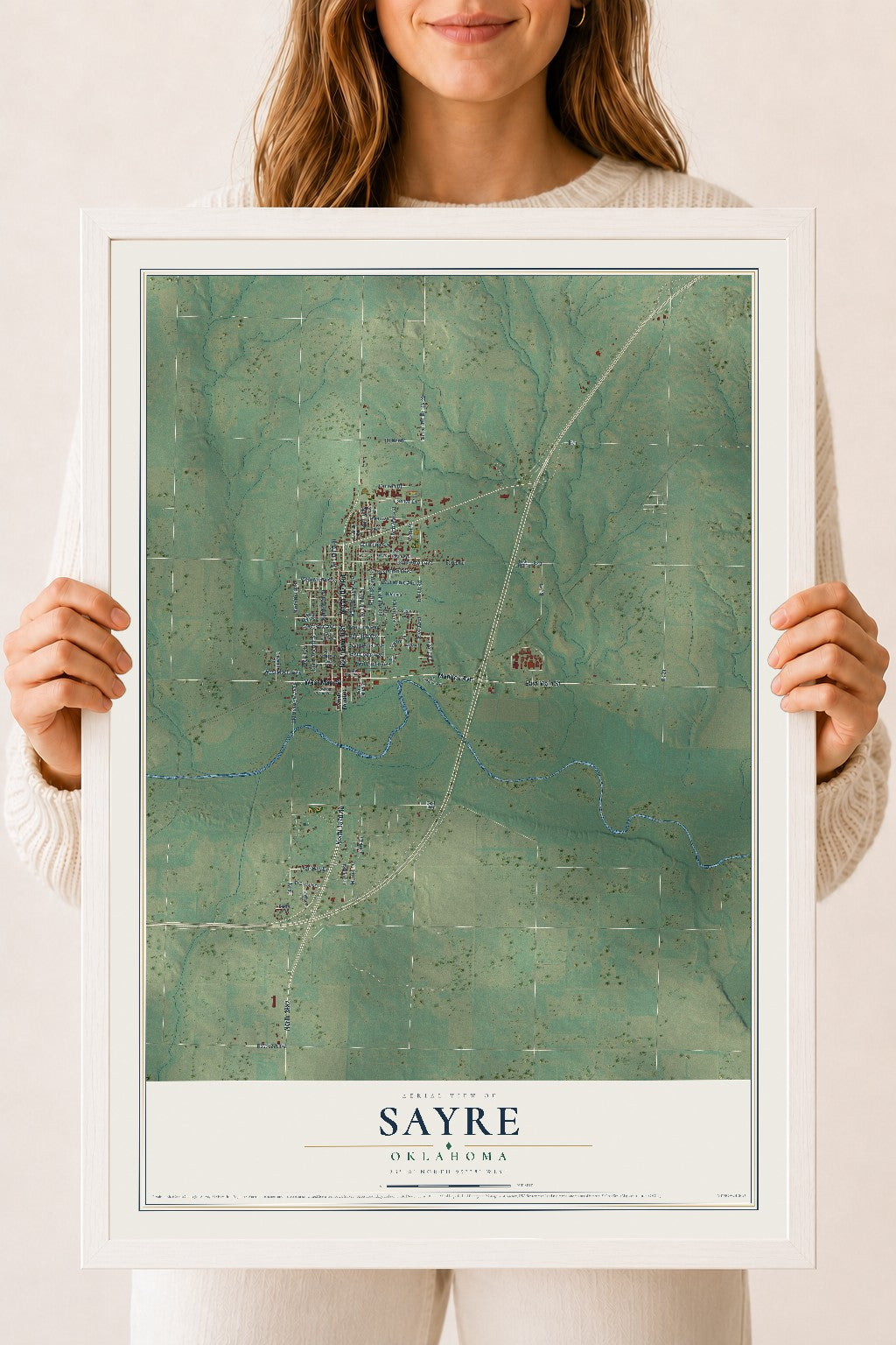 Map of Sayre, Oklahoma, 18 x 24 inch print in a white wood frame