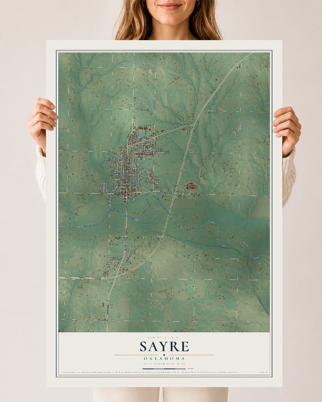 Map of Sayre, Oklahoma, 24 x 36 inch unframed archival matte print