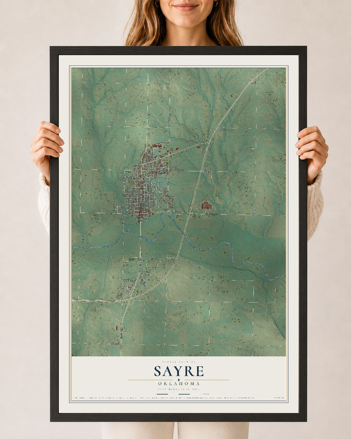 Map of Sayre, Oklahoma, 24 x 36 inch print in a black wood frame