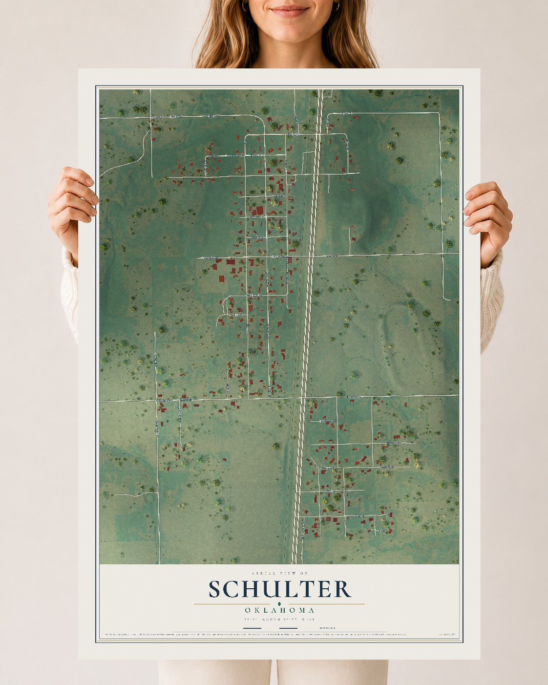 Map of Schulter, Oklahoma, 24 x 36 inch unframed archival matte print
