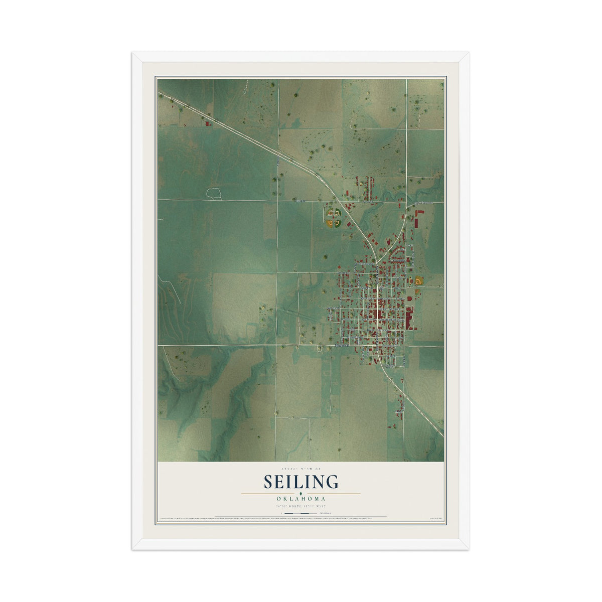 Map of Seiling, Oklahoma, 12 x 18 inch print in a white wood frame