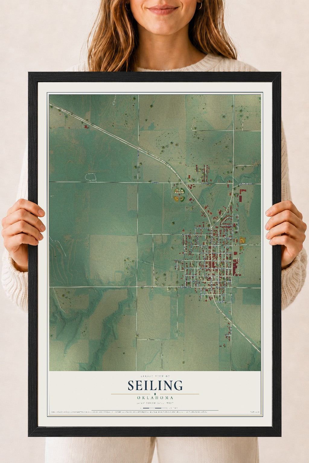 Map of Seiling, Oklahoma, 18 x 24 inch print in a black wood frame