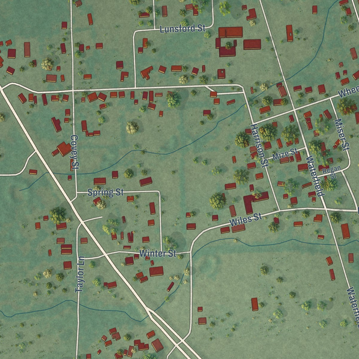 Close-up of the map of Shady Point, Oklahoma print showing street and building detail