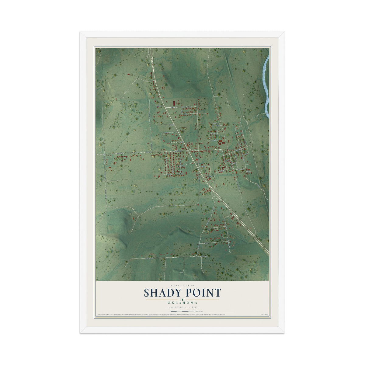 Map of Shady Point, Oklahoma, 12 x 18 inch print in a white wood frame