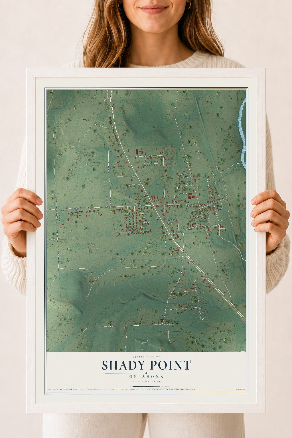 Map of Shady Point, Oklahoma, 18 x 24 inch print in a white wood frame