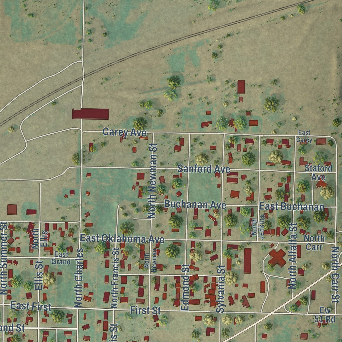 Second close-up of the map of Shattuck, Oklahoma print showing more streets and buildings
