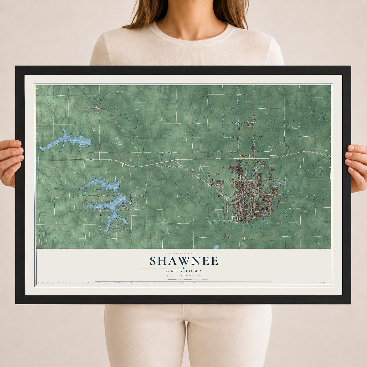 Map of Shawnee, Oklahoma, 18 x 24 inch print in a black wood frame