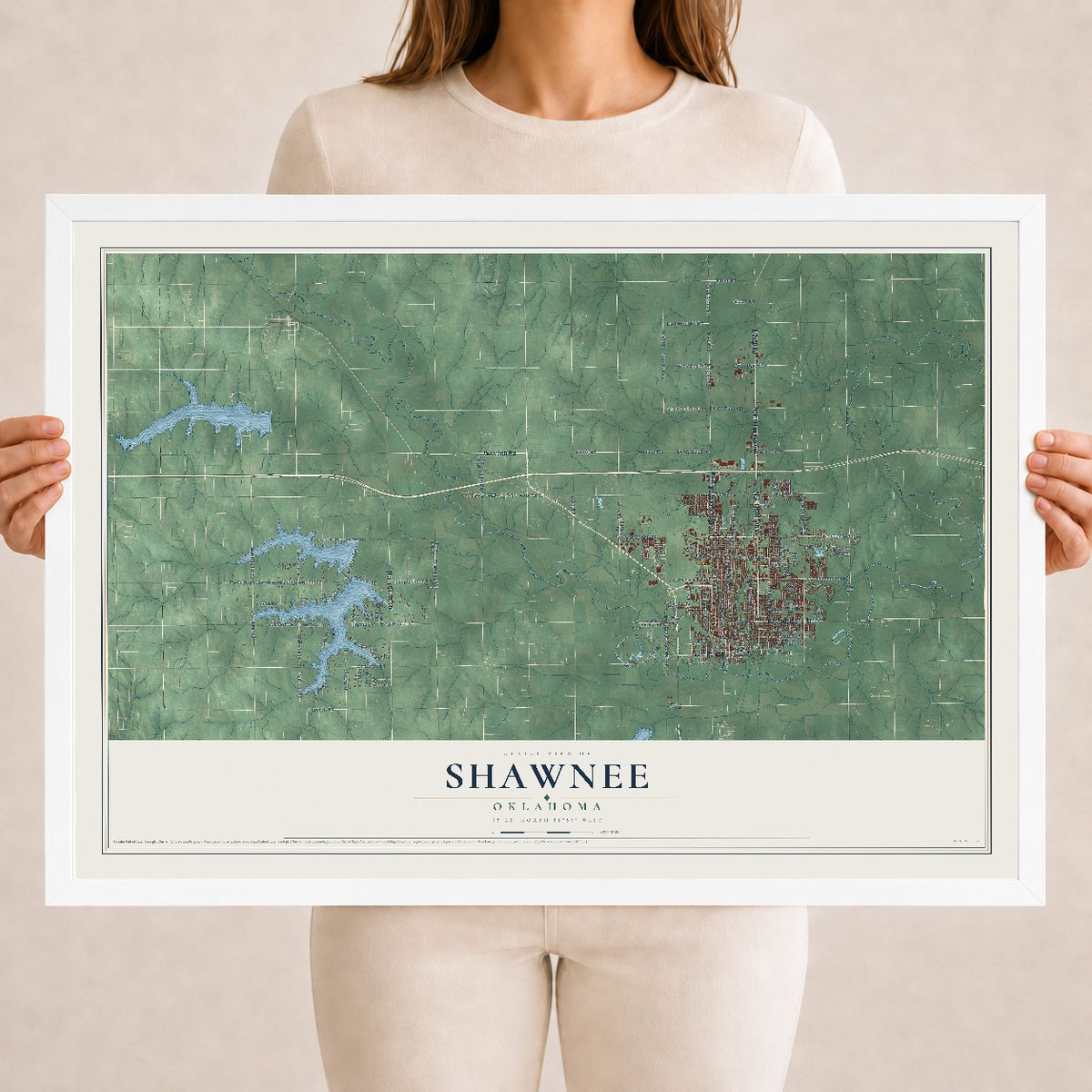 Map of Shawnee, Oklahoma, 18 x 24 inch print in a white wood frame
