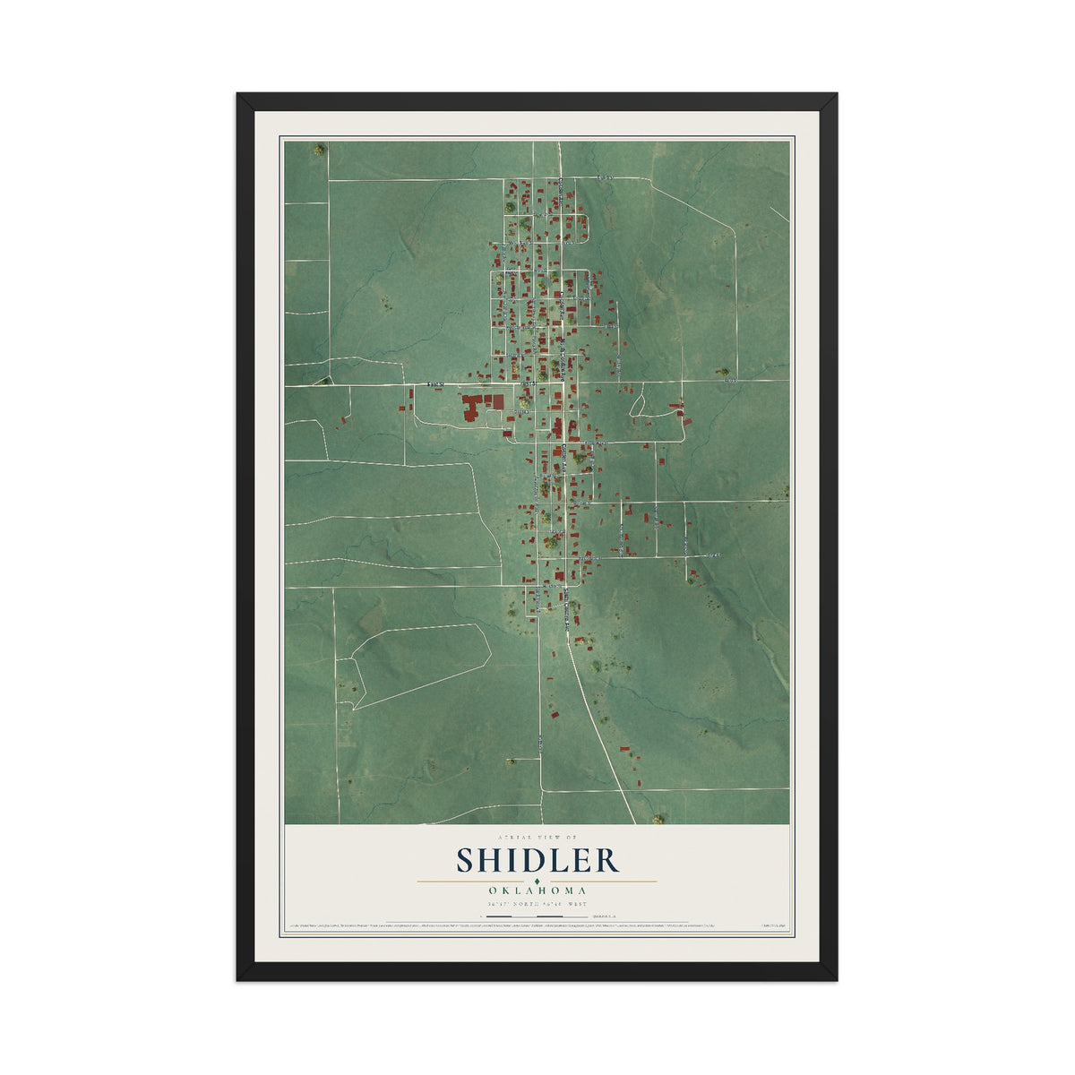 Map of Shidler, Oklahoma, 12 x 18 inch print in a black wood frame