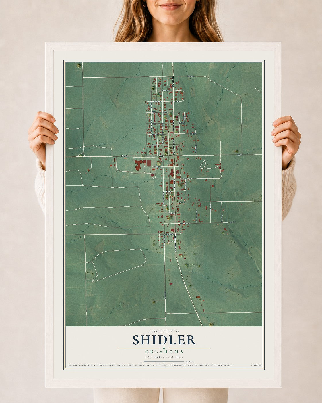 Map of Shidler, Oklahoma, 24 x 36 inch print in a white wood frame