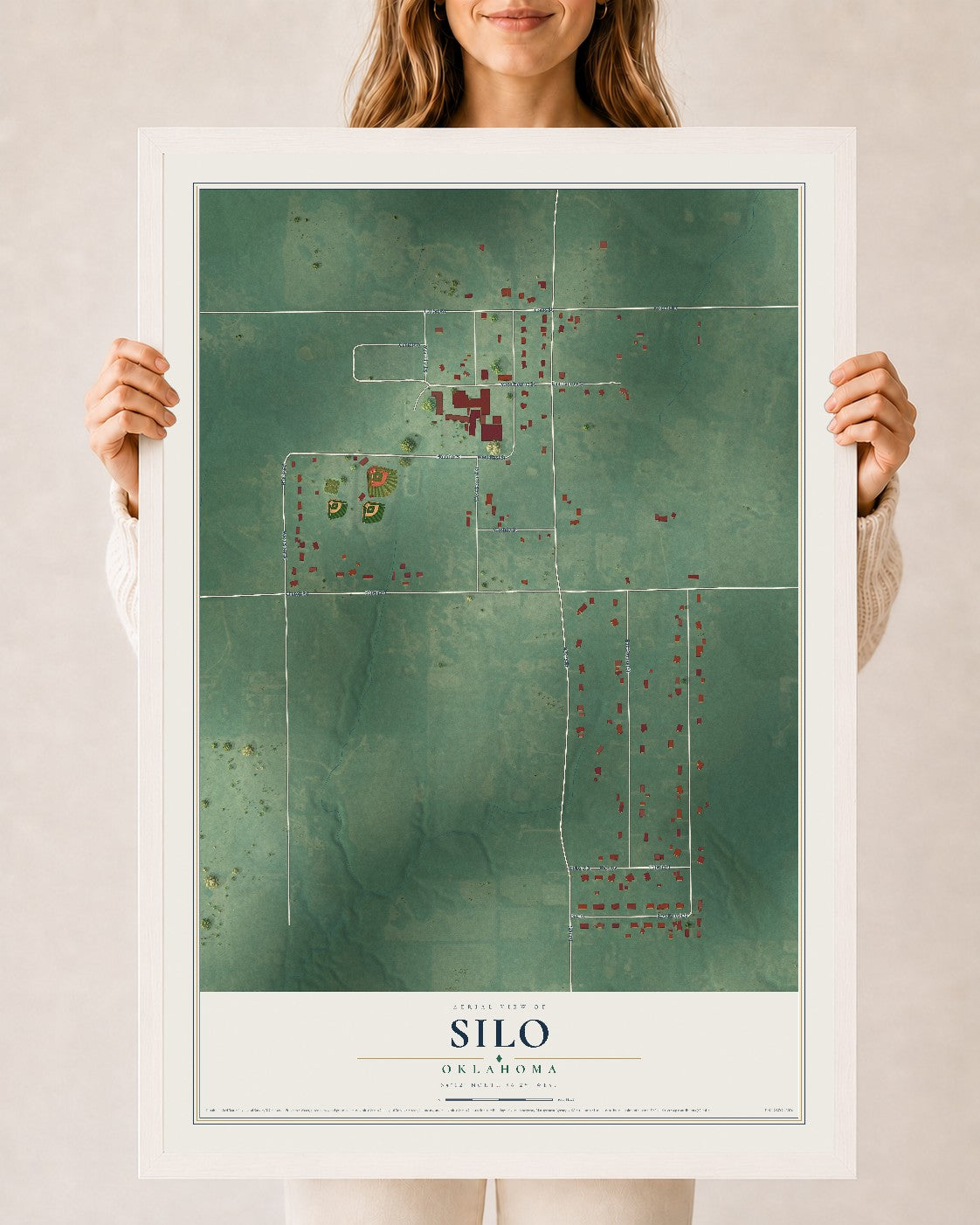 Map of Silo, Oklahoma, 24 x 36 inch print in a white wood frame