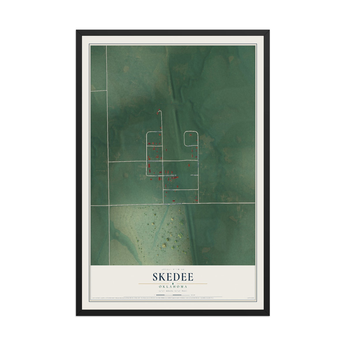 Map of Skedee, Oklahoma, 12 x 18 inch print in a black wood frame