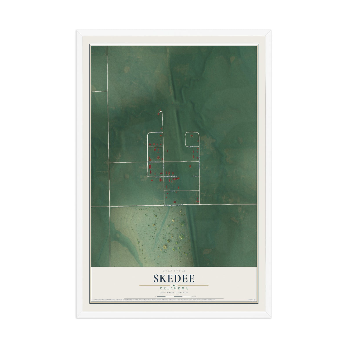 Map of Skedee, Oklahoma, 12 x 18 inch print in a white wood frame