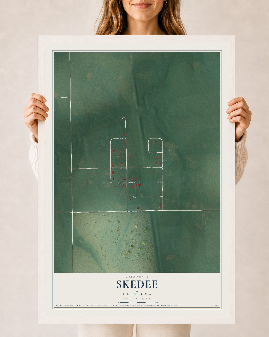 Map of Skedee, Oklahoma, 24 x 36 inch print in a white wood frame