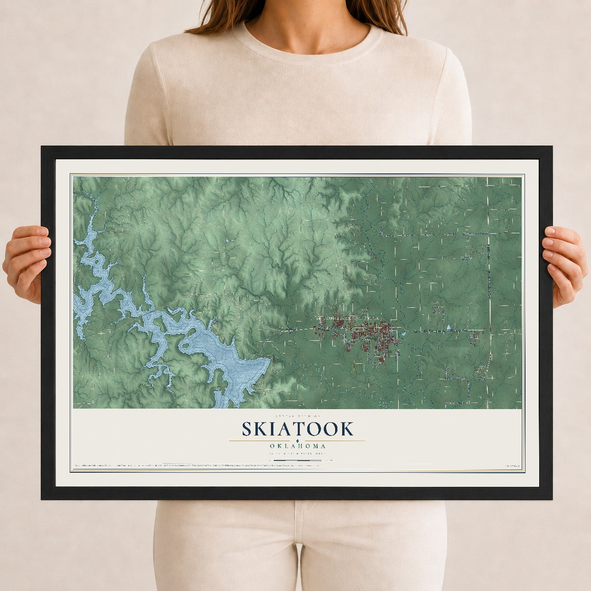 Map of Skiatook, Oklahoma, 12 x 18 inch print in a black wood frame