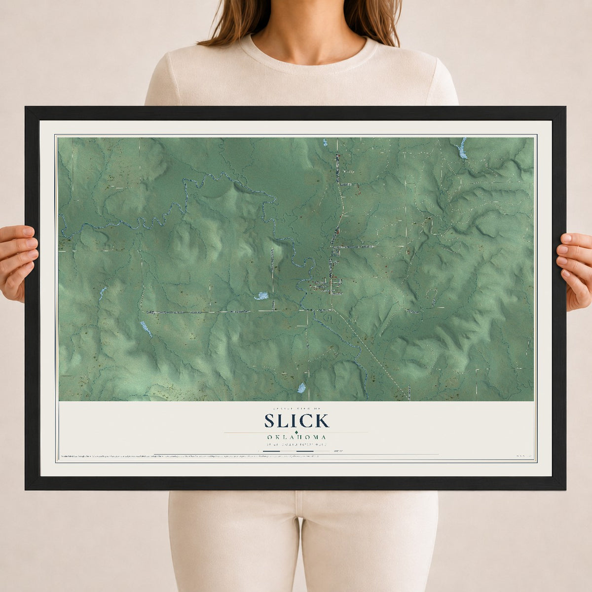 Map of Slick, Oklahoma, 18 x 24 inch print in a black wood frame