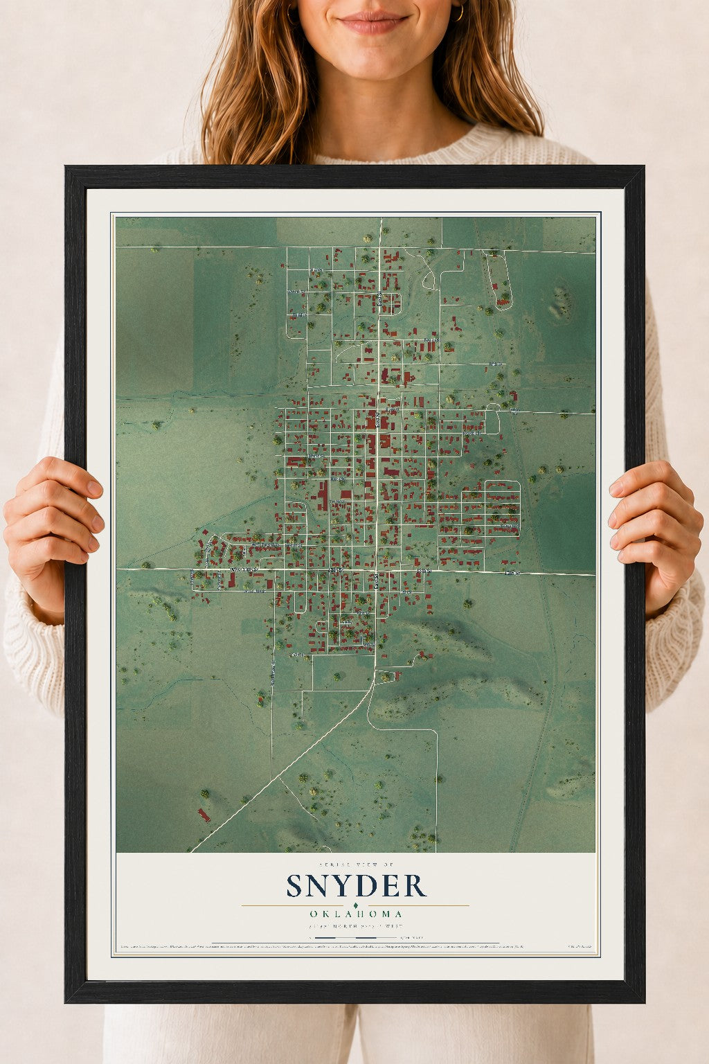 Map of Snyder, Oklahoma, 18 x 24 inch print in a black wood frame
