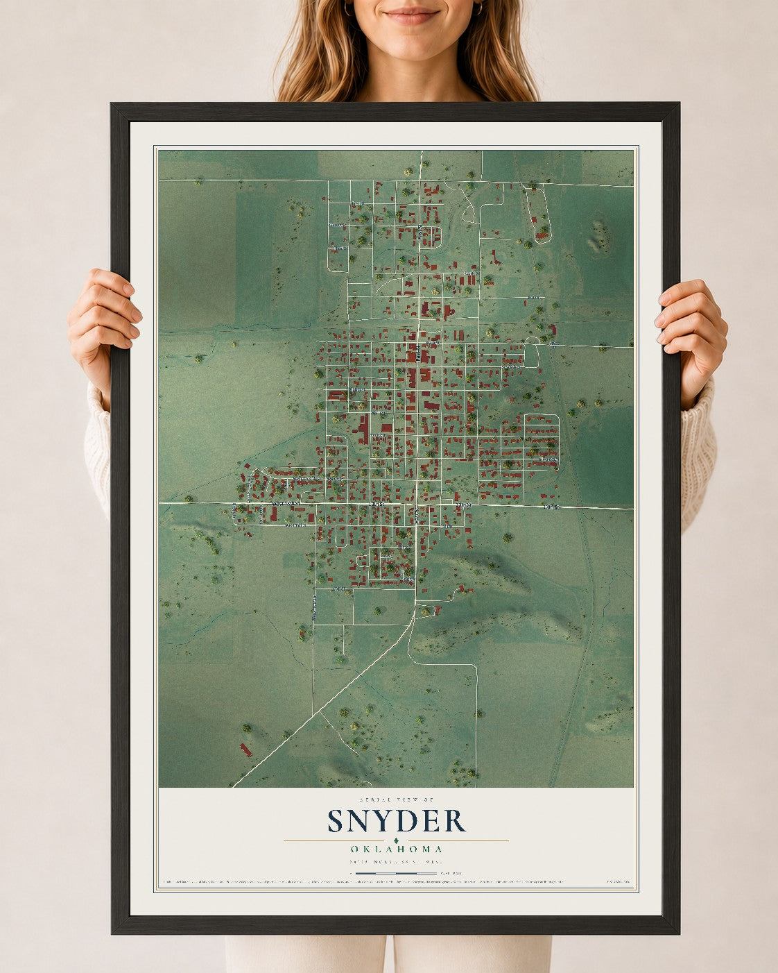 Map of Snyder, Oklahoma, 24 x 36 inch print in a black wood frame