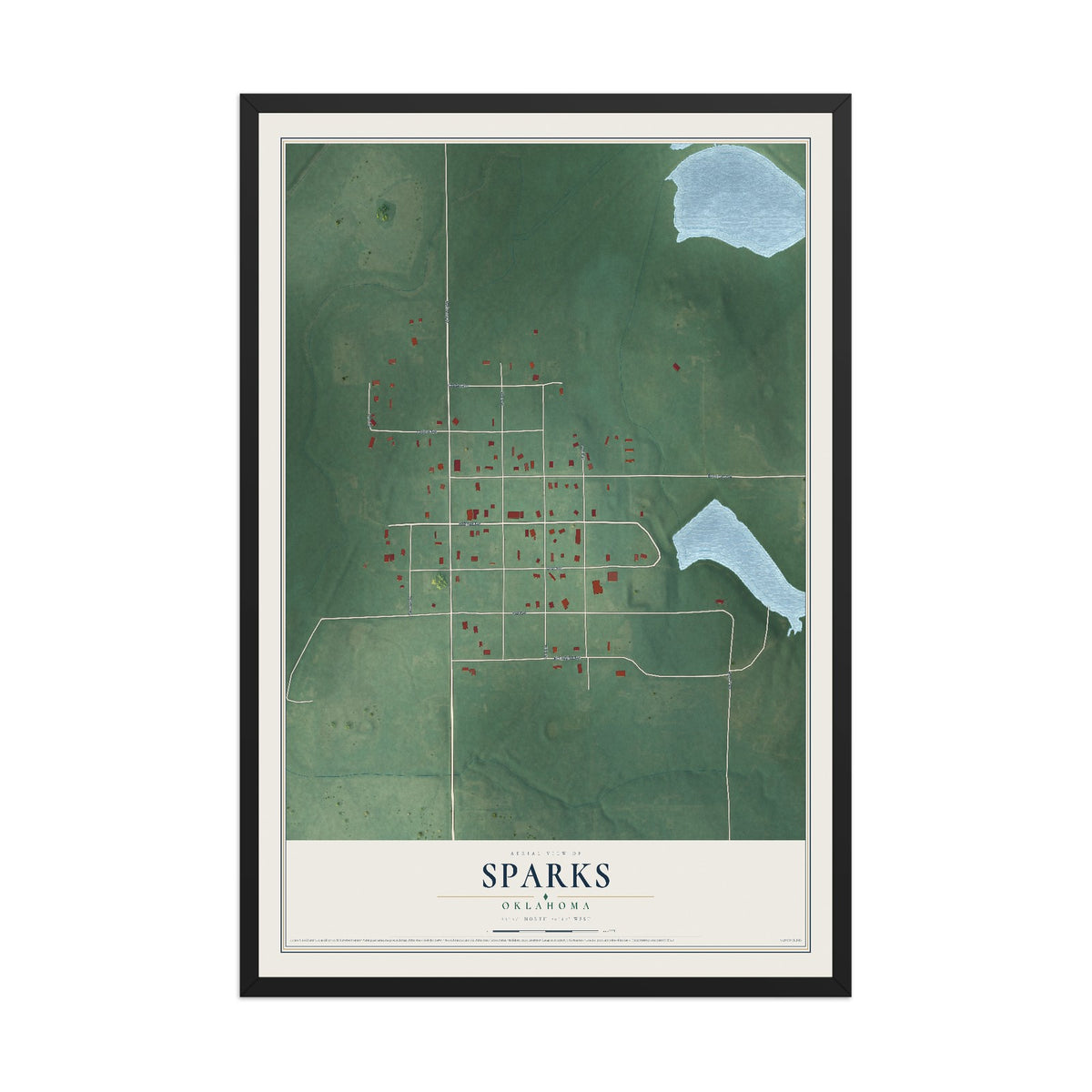 Map of Sparks, Oklahoma, 12 x 18 inch print in a black wood frame