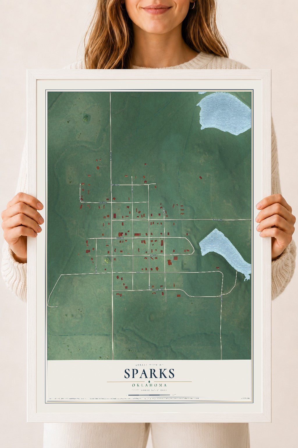 Map of Sparks, Oklahoma, 18 x 24 inch print in a white wood frame