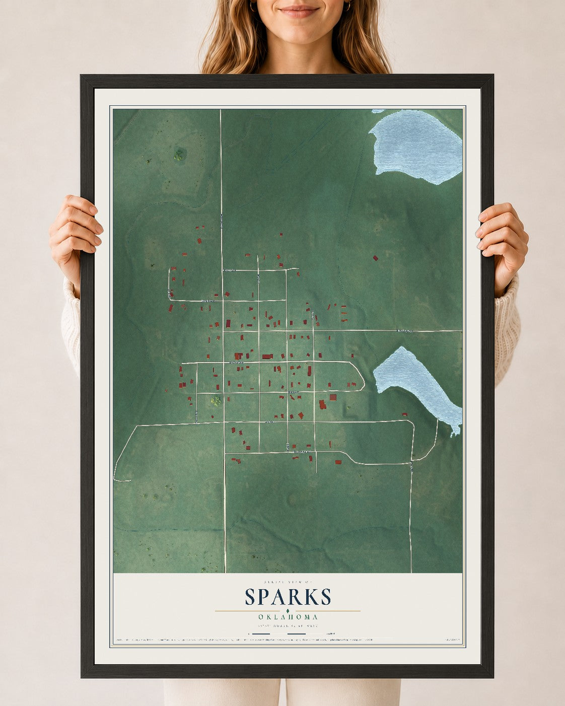 Map of Sparks, Oklahoma, 24 x 36 inch print in a black wood frame