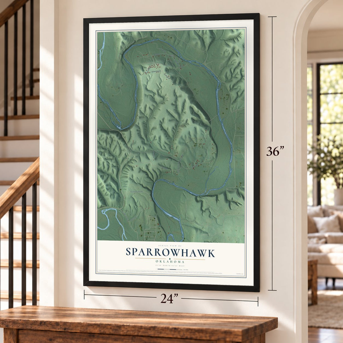 Sparrowhawk, Oklahoma map, 24 x 36 inch print in a black frame by a staircase