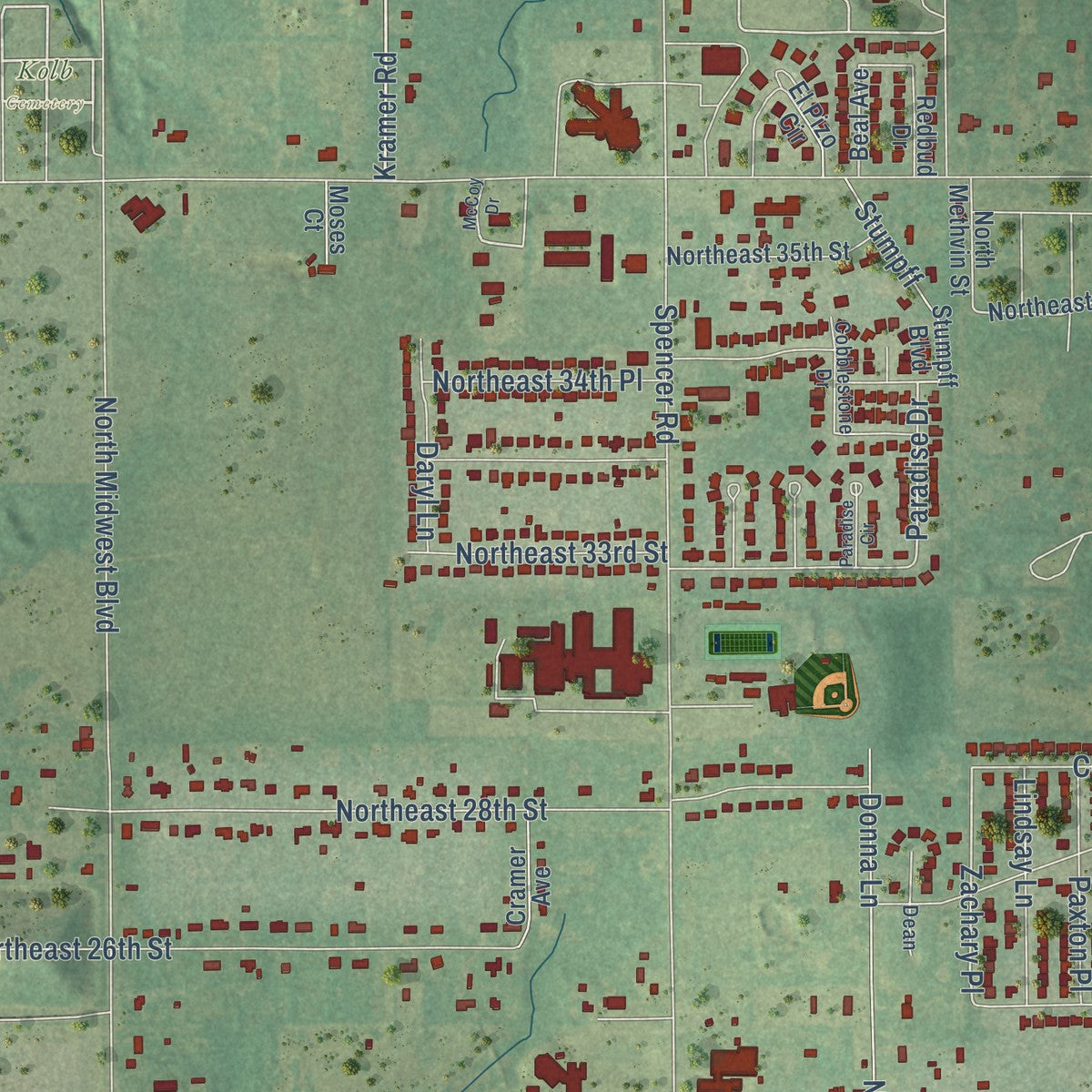 Close-up of the map of Spencer, Oklahoma print showing street and building detail