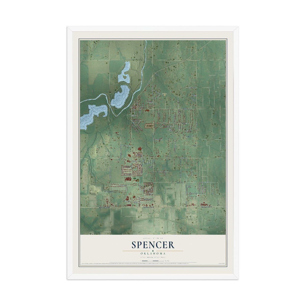 Map of Spencer, Oklahoma, 12 x 18 inch print in a white wood frame