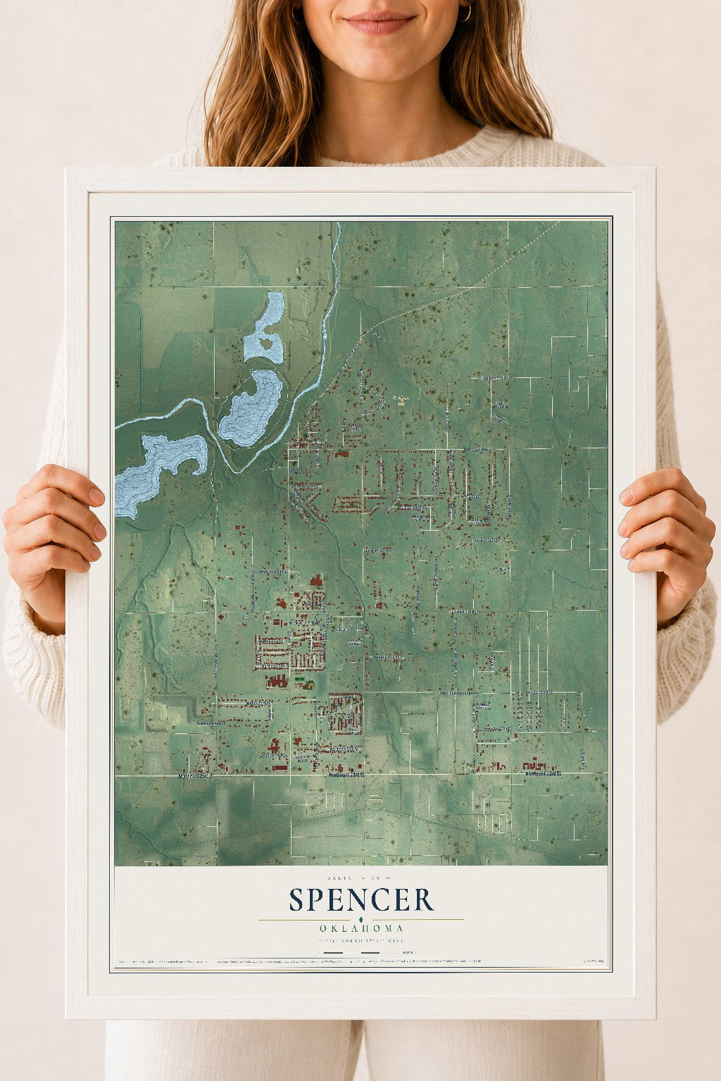 Map of Spencer, Oklahoma, 18 x 24 inch print in a white wood frame