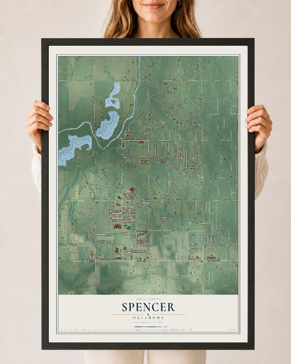 Map of Spencer, Oklahoma, 24 x 36 inch print in a black wood frame