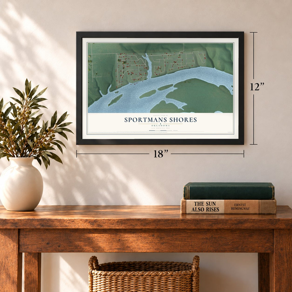 Sportmans Shores, Oklahoma map, 12 x 18 inch print in a black frame in an entryway