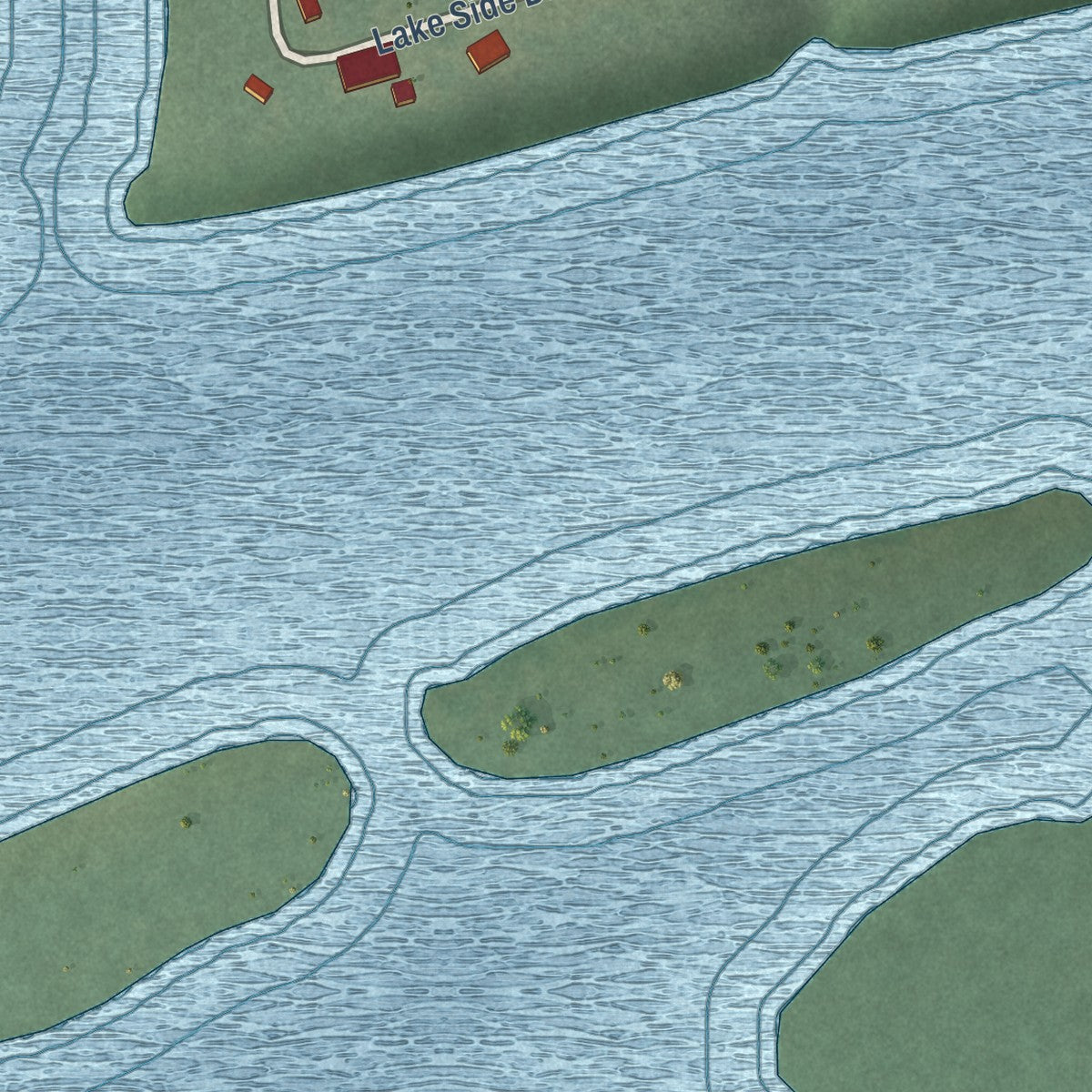 Close-up of the map of Sportmans Shores, Oklahoma print showing street and building detail