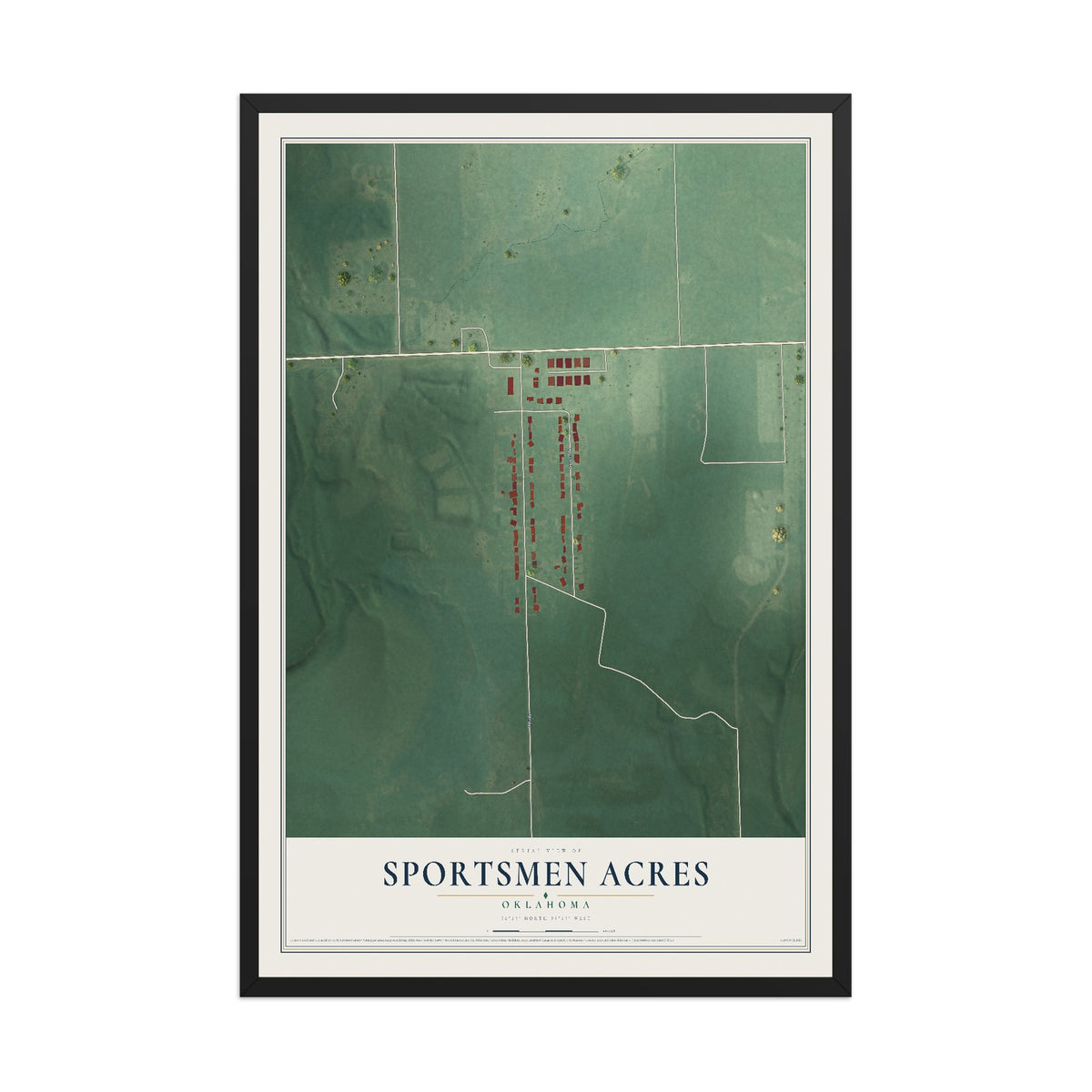 Map of Sportsmen Acres, Oklahoma, 12 x 18 inch print in a black wood frame