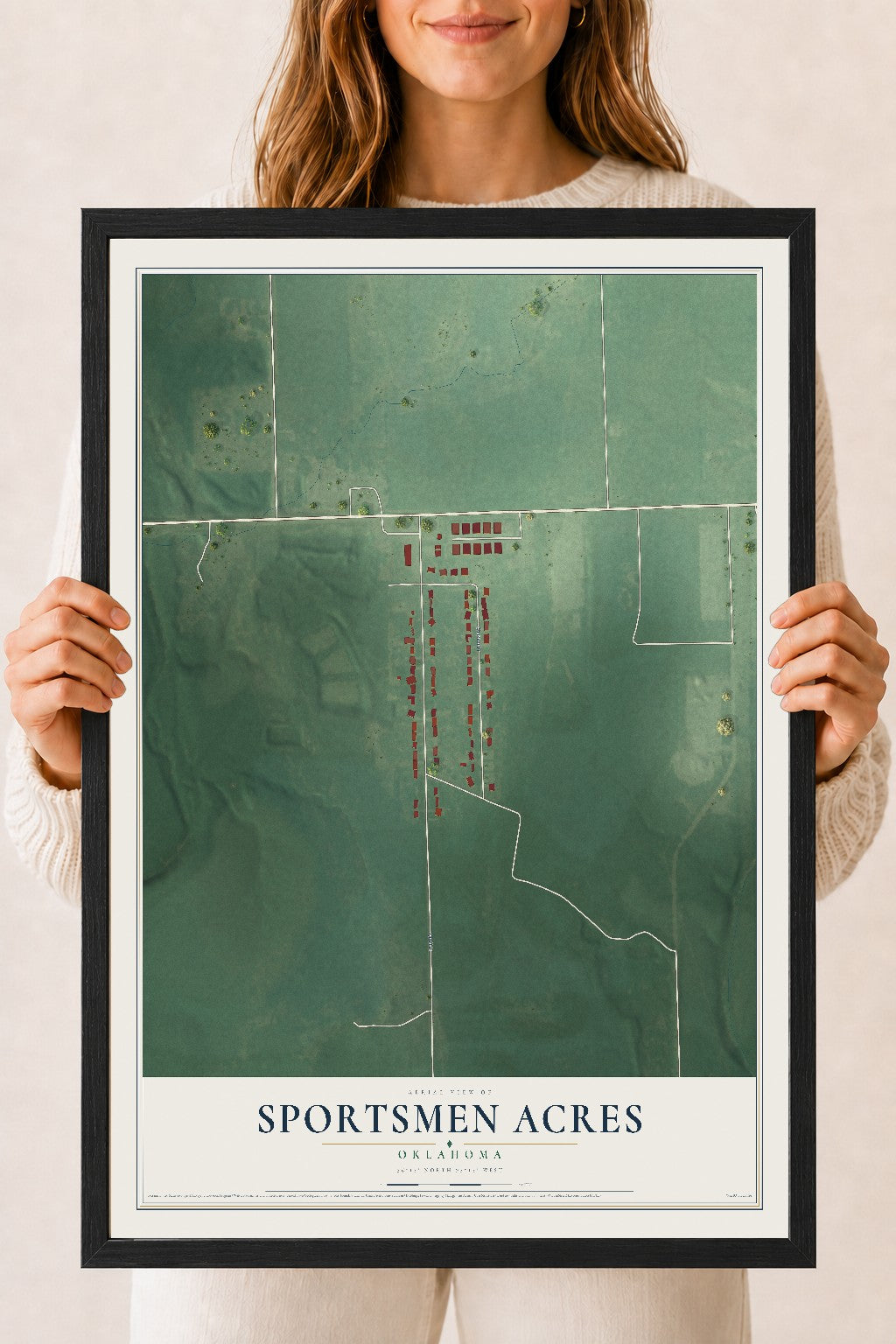 Map of Sportsmen Acres, Oklahoma, 18 x 24 inch print in a black wood frame