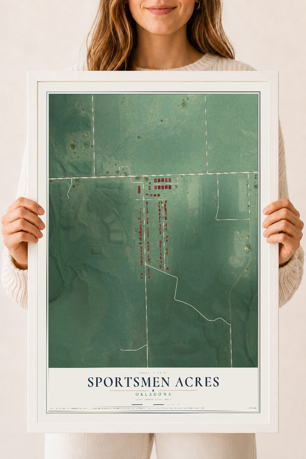 Map of Sportsmen Acres, Oklahoma, 18 x 24 inch print in a white wood frame