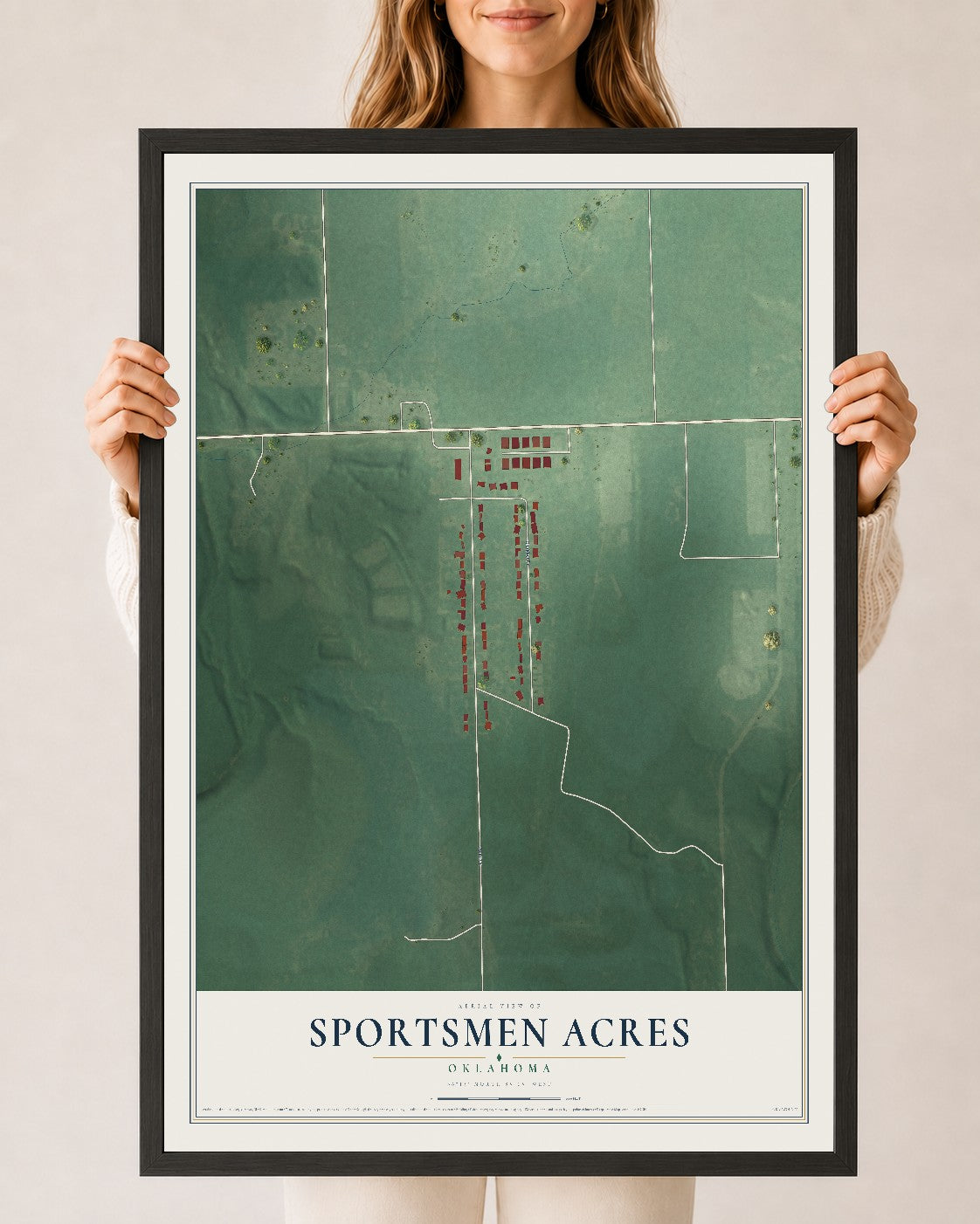 Map of Sportsmen Acres, Oklahoma, 24 x 36 inch print in a black wood frame