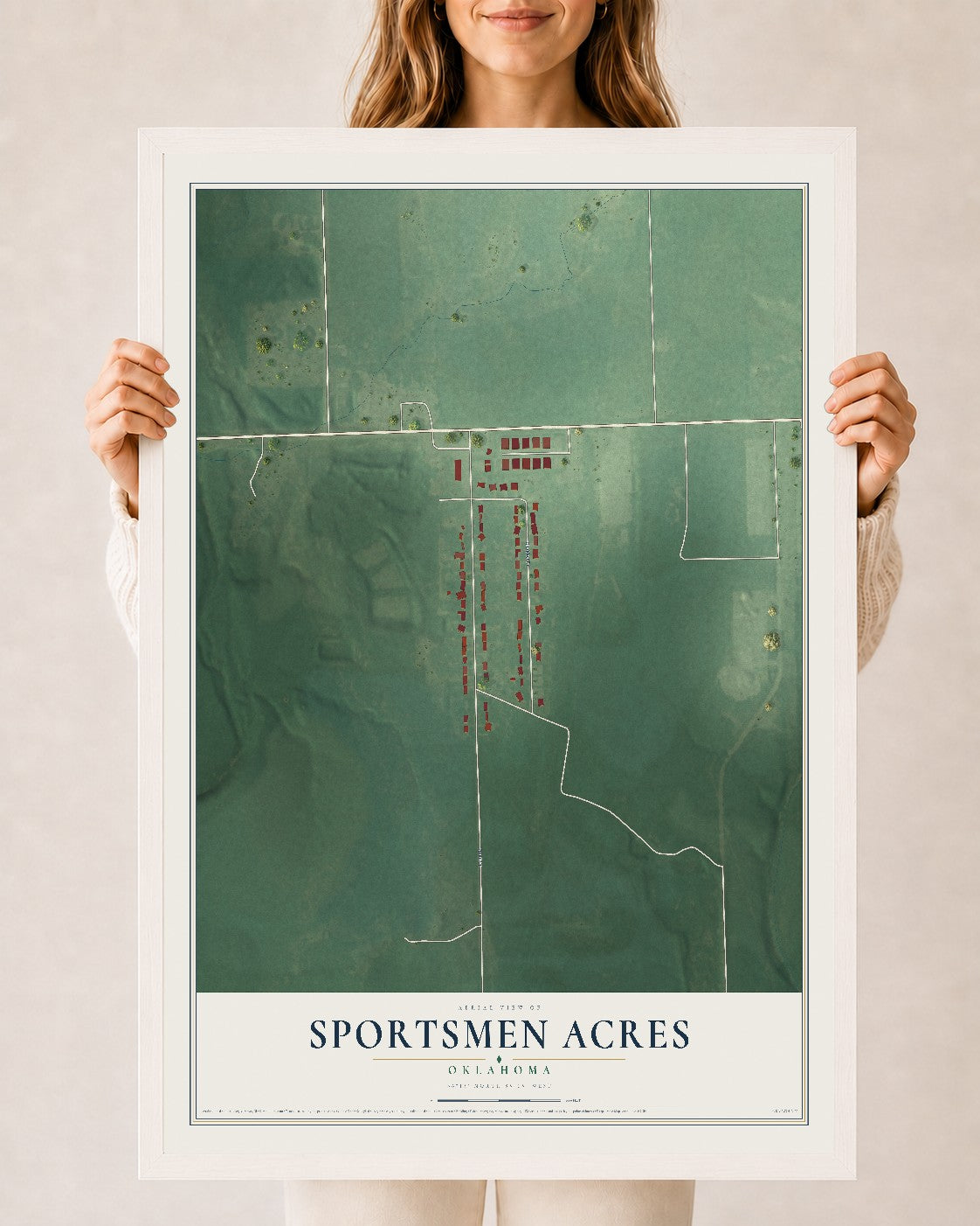 Map of Sportsmen Acres, Oklahoma, 24 x 36 inch print in a white wood frame