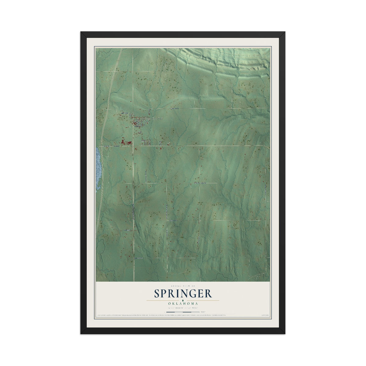 Map of Springer, Oklahoma, 12 x 18 inch print in a black wood frame