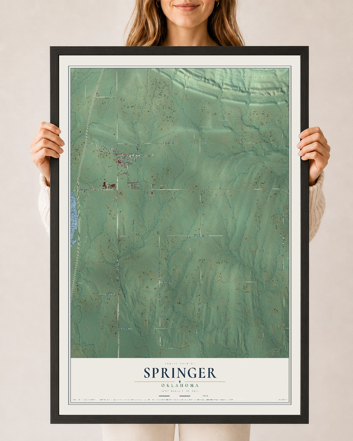 Map of Springer, Oklahoma, 24 x 36 inch print in a black wood frame