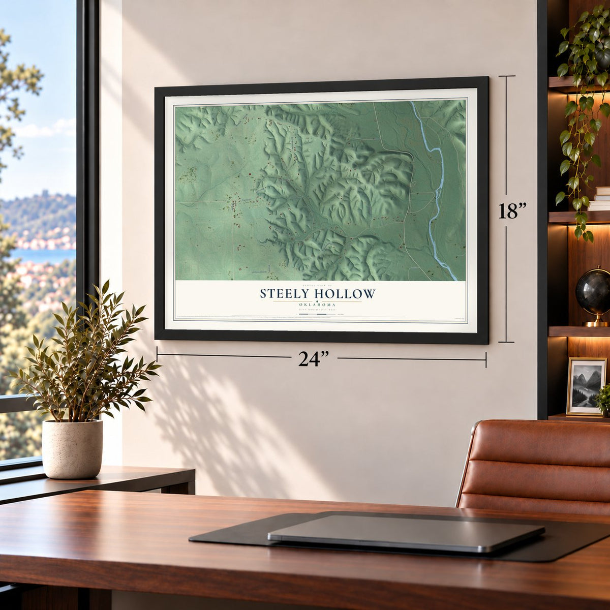 Steely Hollow, Oklahoma map, 18 x 24 inch print in a black frame in a home office