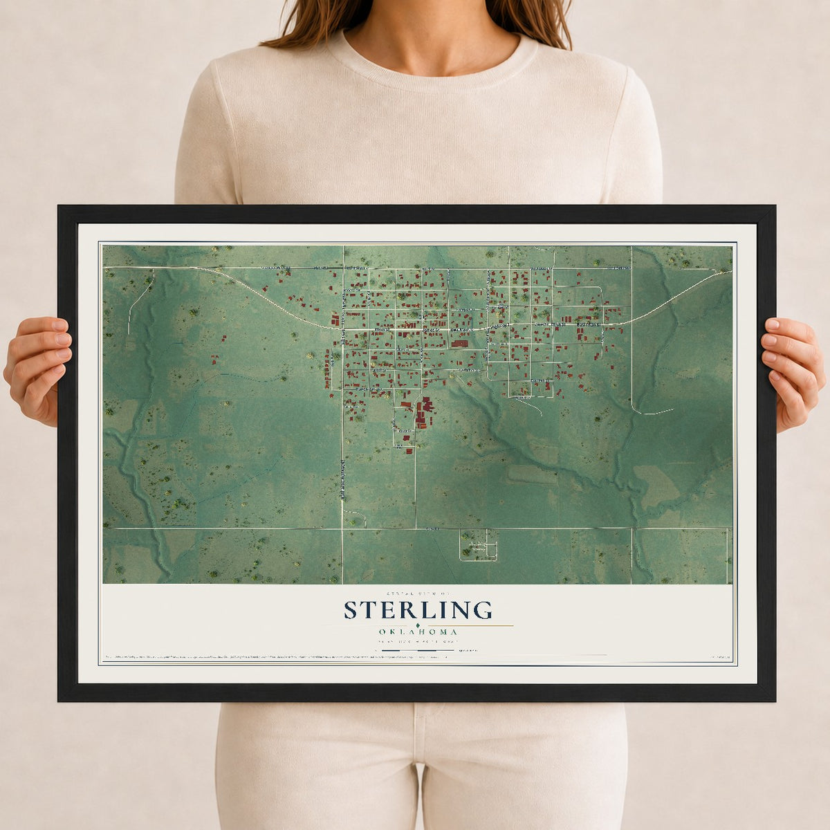 Map of Sterling, Oklahoma, 12 x 18 inch print in a black wood frame